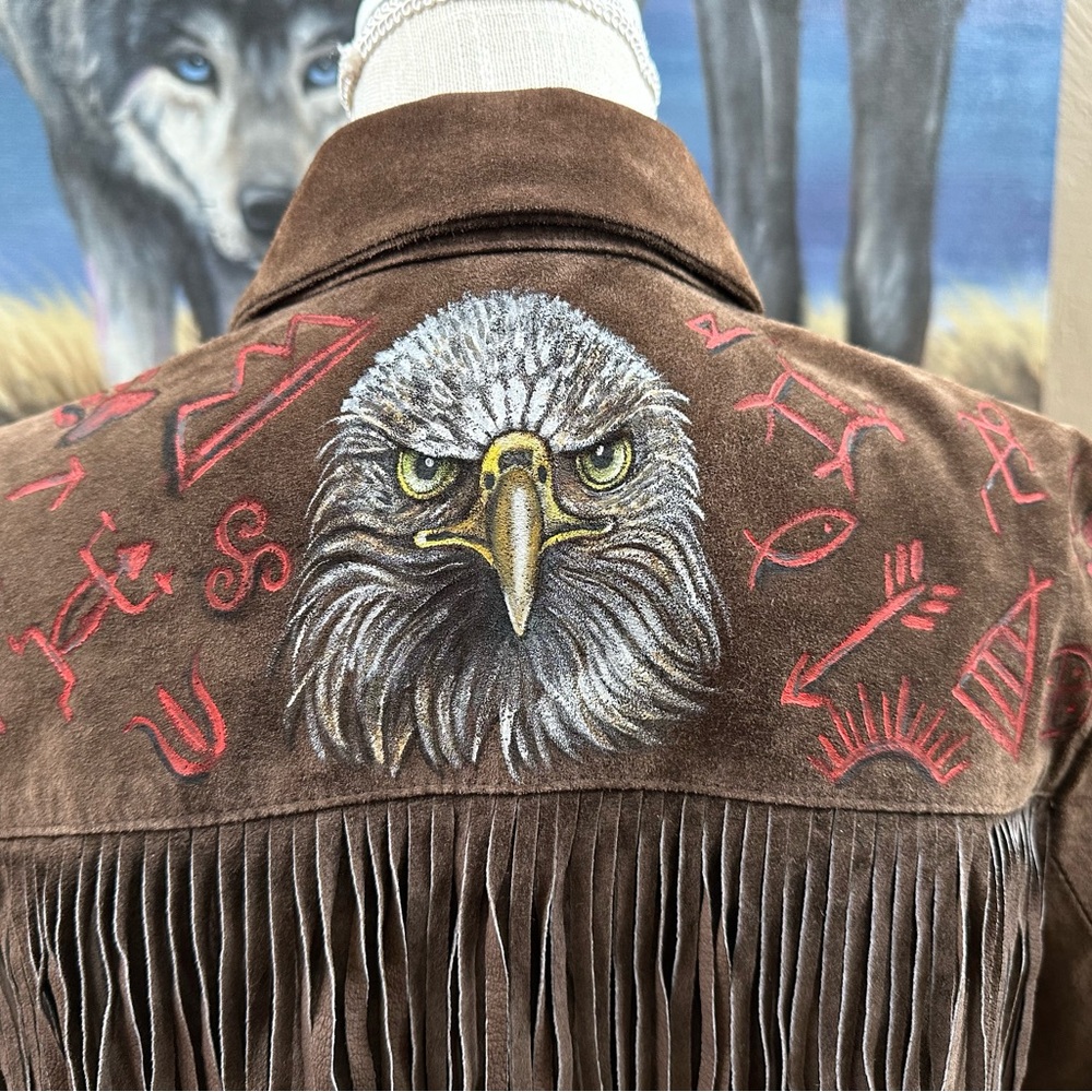 Gorgeous handpainted suede fringe jacket sz SM tribal Southwest horse eagle OOAK - Picture 6 of 12